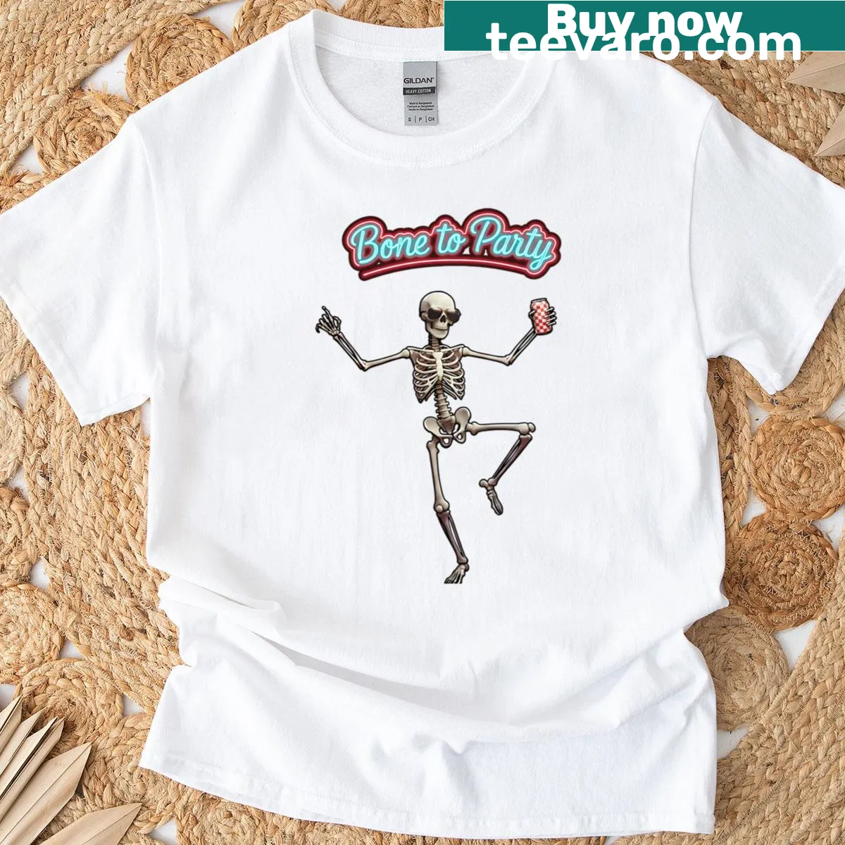 Skeleton graphic in party attire on t-shirt — on a men's t-shirt