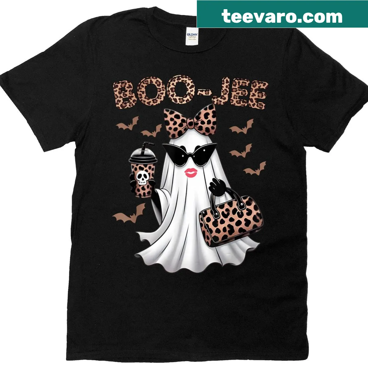 Halloween T-shirt with 'Boo Jee Boujee' and cute ghost designs — on a men's t-shirt