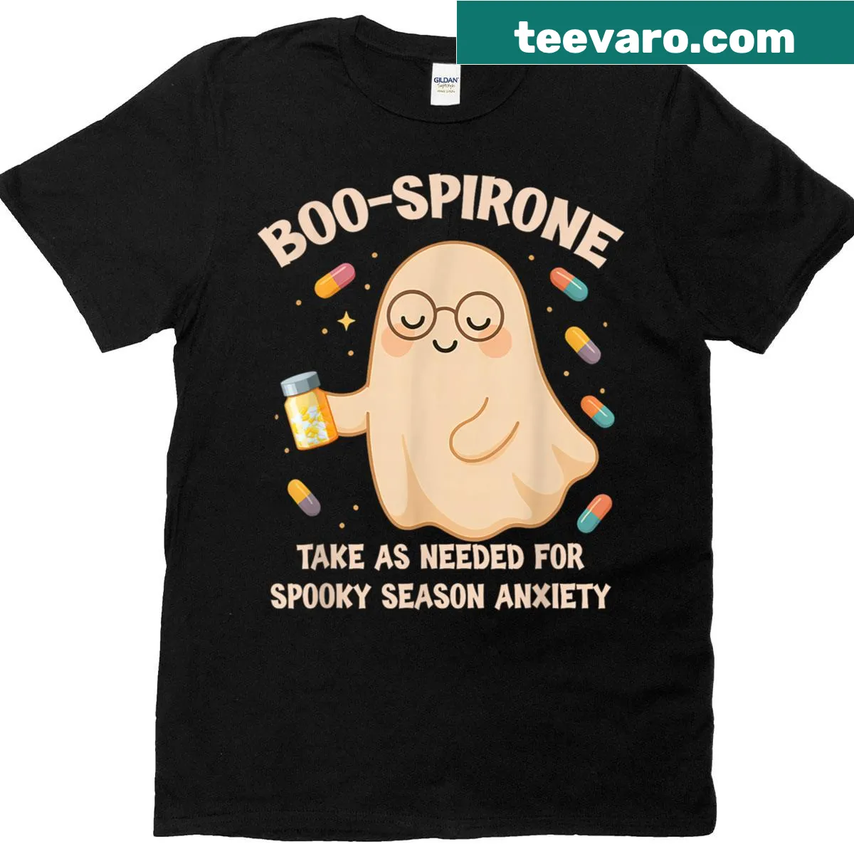 Halloween shirt featuring the phrase 'Boo-spirone: Take As Needed For Spooky Season Anxiety' — on a men's t-shirt