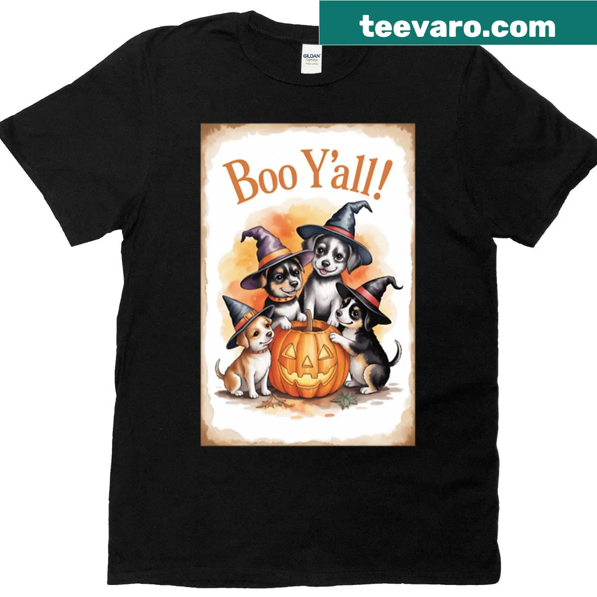 Cute Halloween t-shirt with a puppy graphic and 'Boo Yall' text — on a men's t-shirt