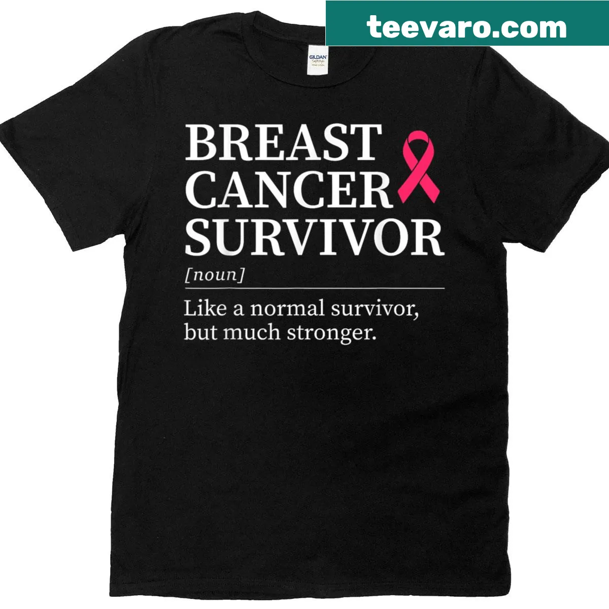 Pink ribbon design with inspirational definition for breast cancer survivors — on a men's t-shirt