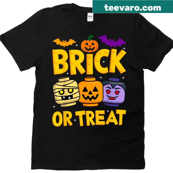 Halloween-themed children's t-shirt with building blocks and spooky design
