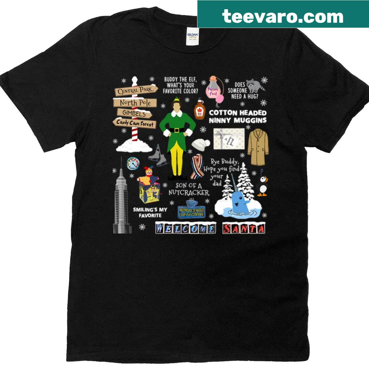 Collage of Buddy The Elf characters on Christmas T-shirt — on a men's t-shirt