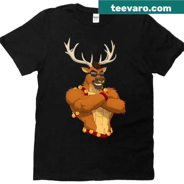 Whimsical reindeer graphic design on a Christmas-themed T-shirt