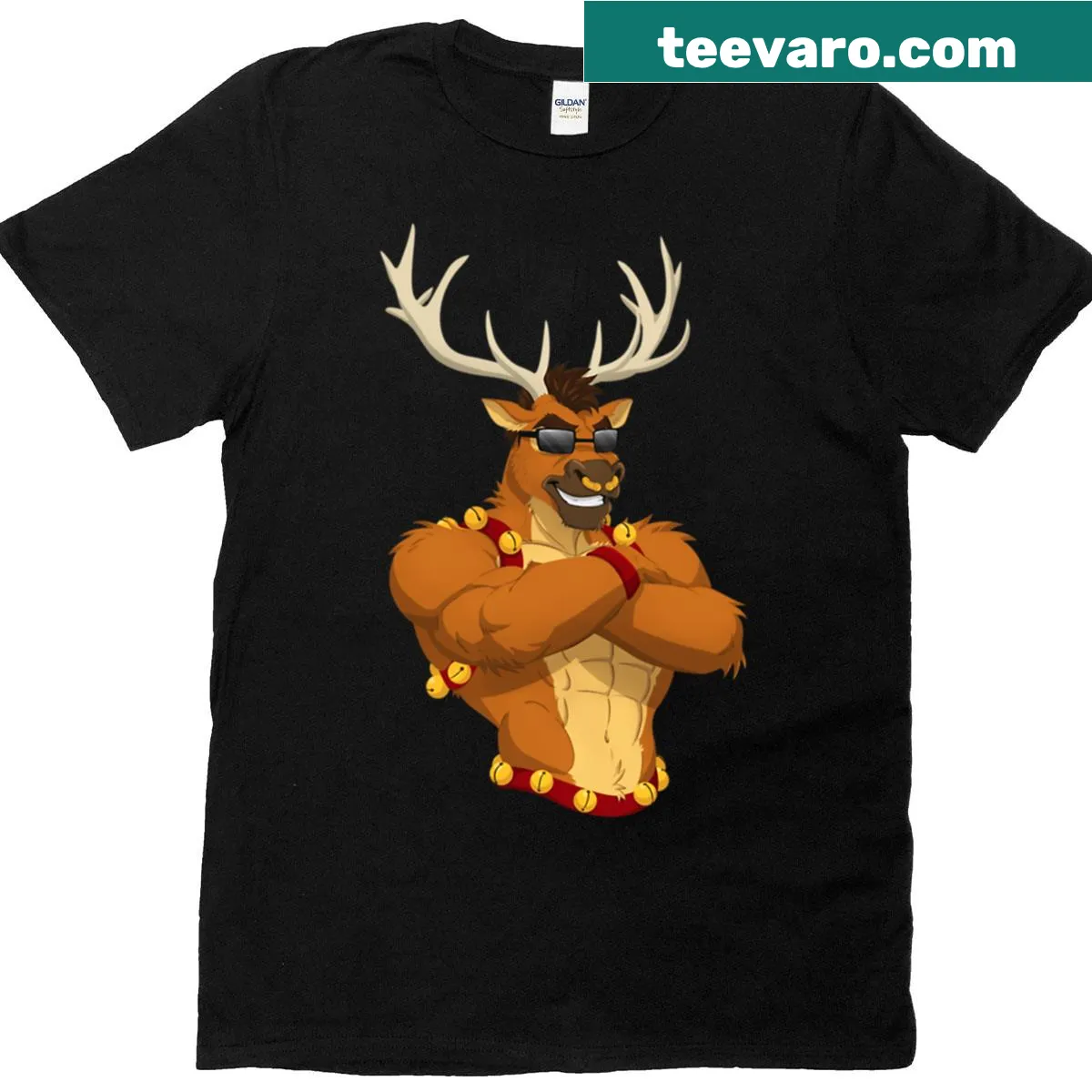 Whimsical reindeer graphic design on a Christmas-themed T-shirt — on a men's t-shirt