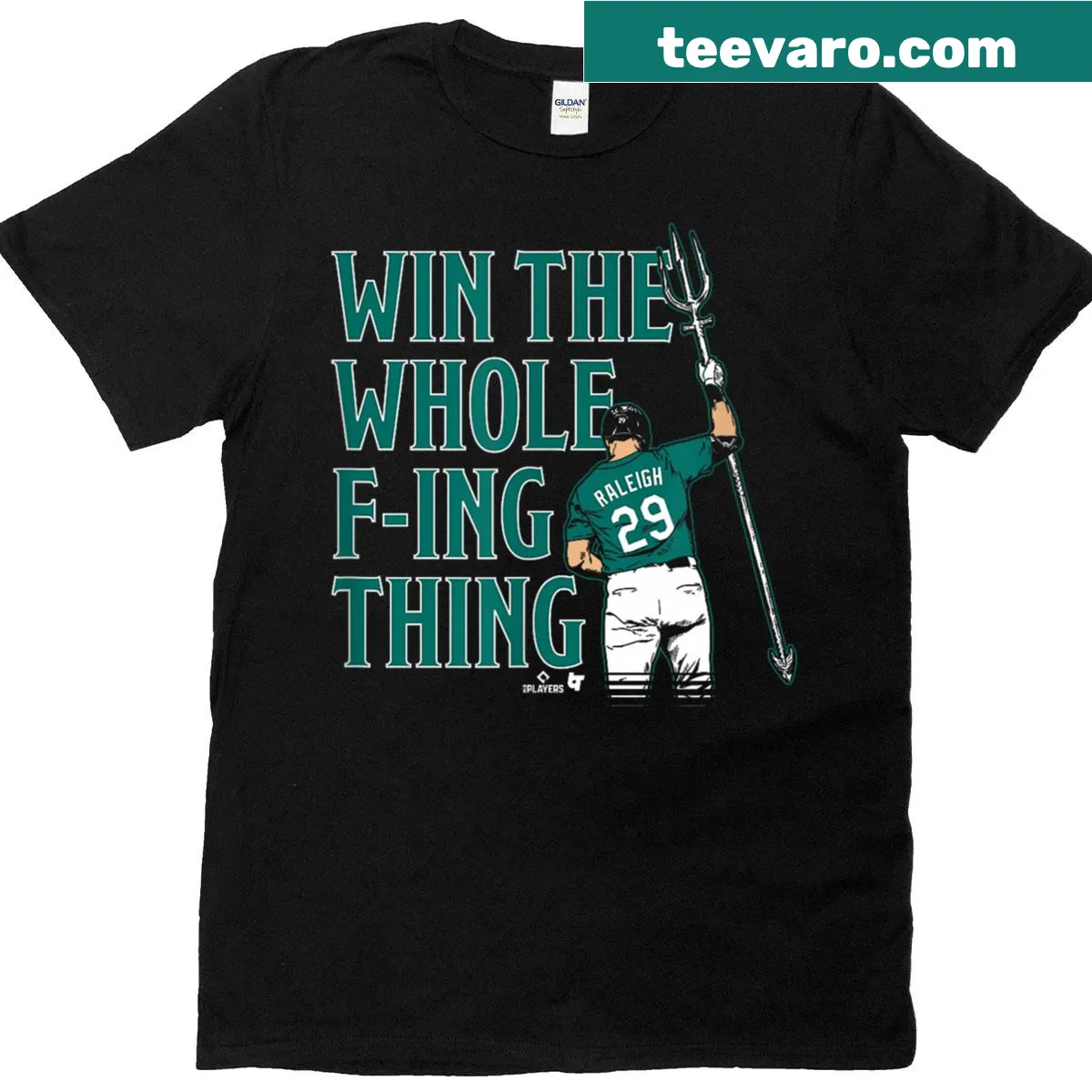 Seattle baseball T-shirt with 'Win The Whole F-ing Thing' text — on a men's t-shirt