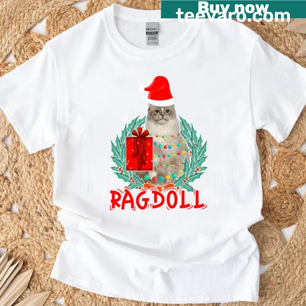 Illustration of a Ragdoll cat with Christmas decorations on an oversized t-shirt
