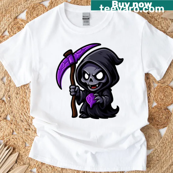 Cute chibi Grim Reaper with purple scythe t-shirt