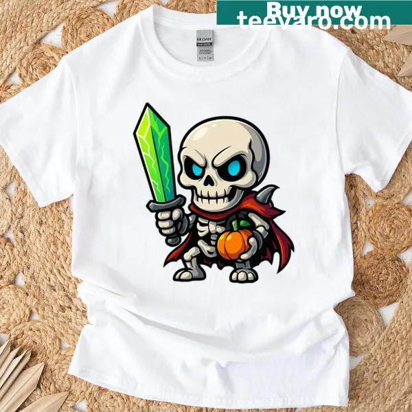 Cute Chibi Skeleton Warrior with pumpkin design on a t-shirt