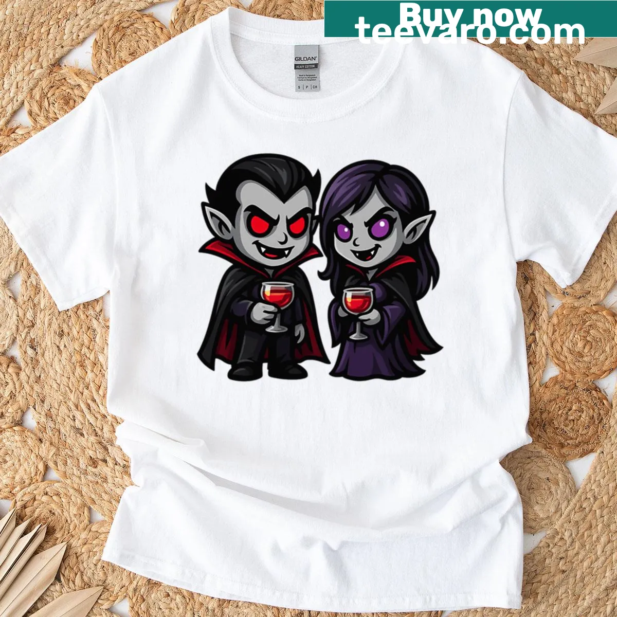 Kawaii style t-shirt featuring a cute chibi vampire couple for Halloween. — on a men's t-shirt