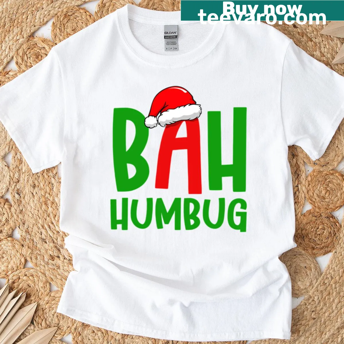 Bah Humbug T-shirt with Santa hat graphic — on a men's t-shirt