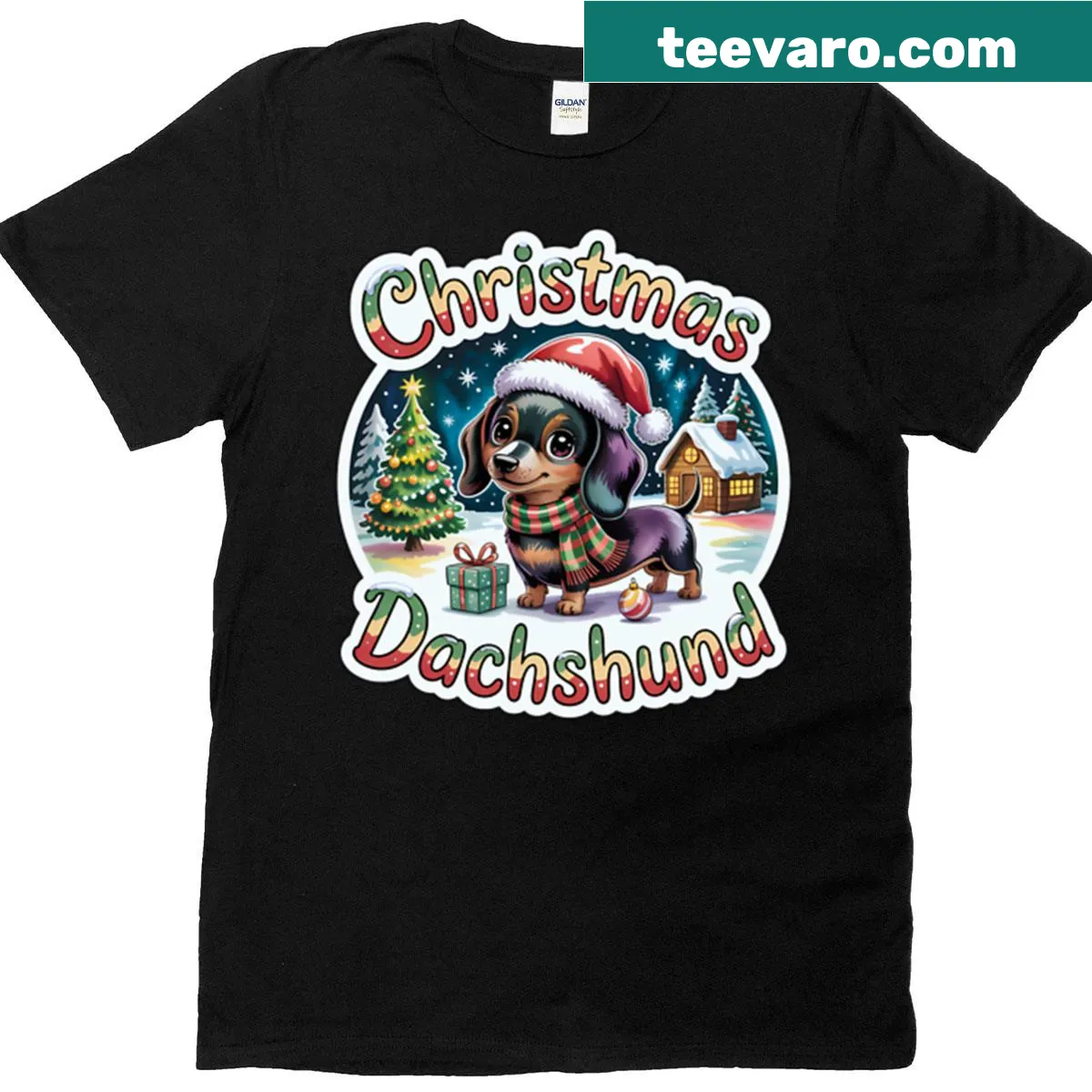 Cute illustration of a dachshund in holiday attire on a festive t-shirt. — on a men's t-shirt