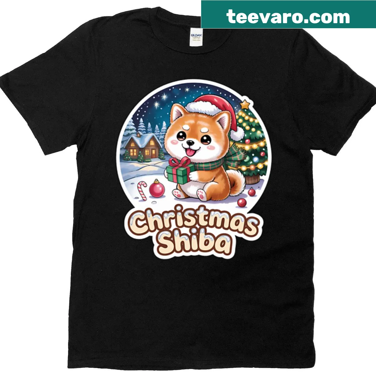 Cute holiday Shiba Inu graphic on an oversized T-shirt — on a men's t-shirt