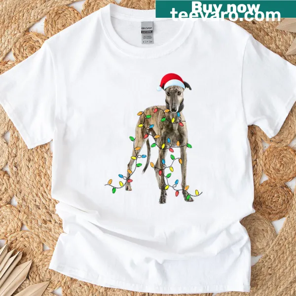 Funny Christmas Greyhound wearing a Santa hat on a T-shirt