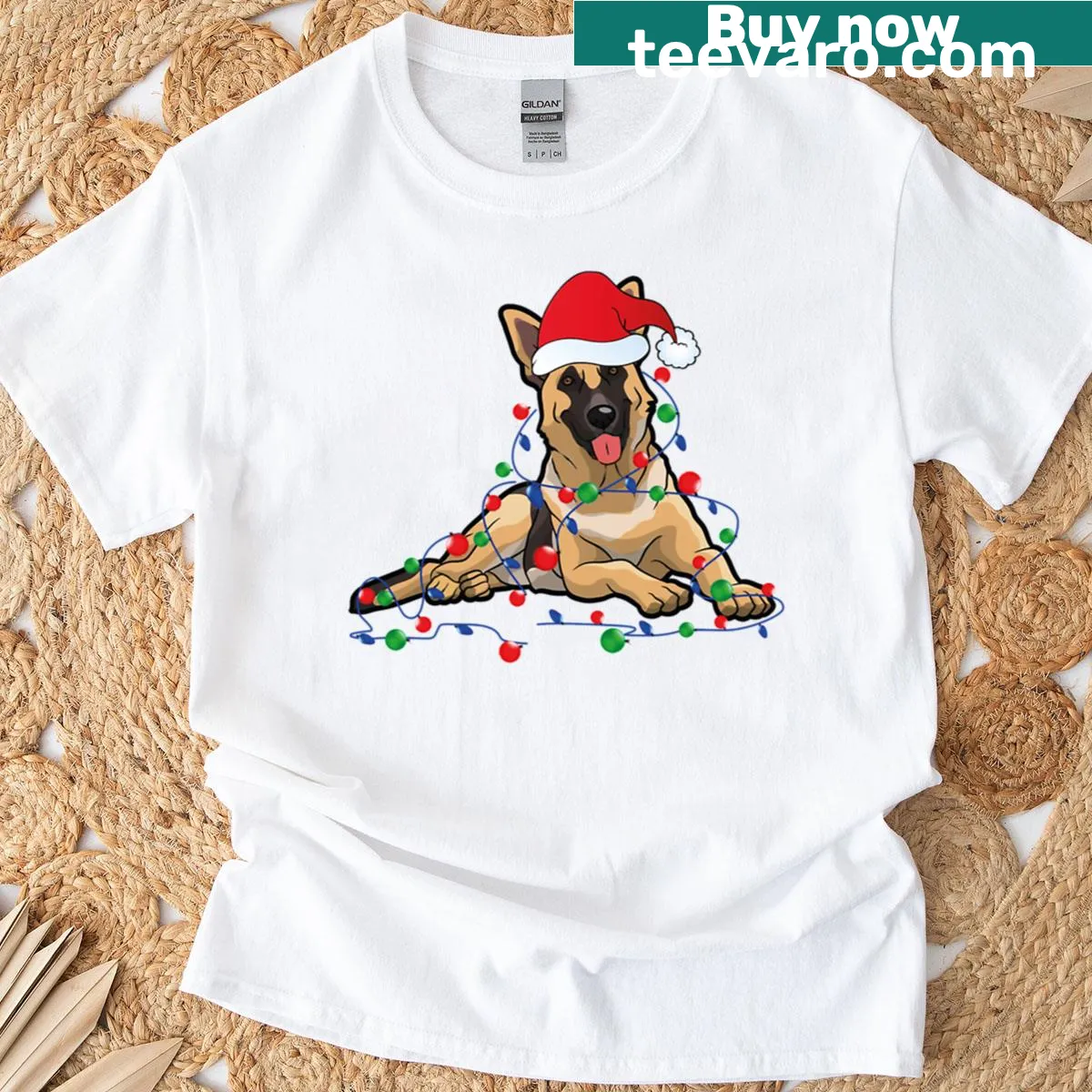 German Shepherd dog with Christmas lights and Santa hat on a t-shirt — on a men's t-shirt