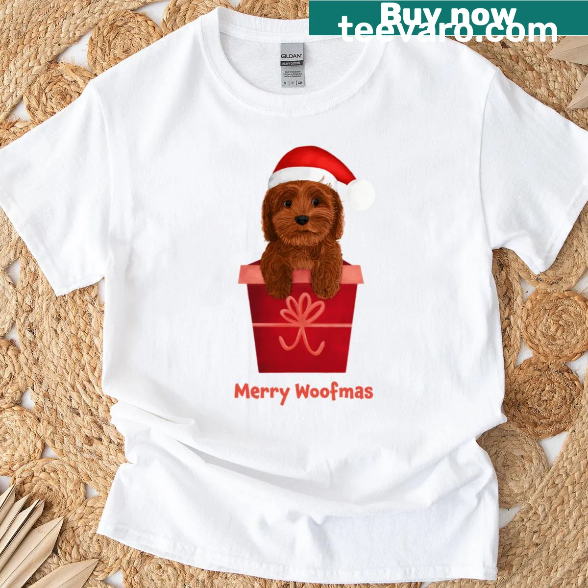 Cute red Cockapoo Christmas illustration on t-shirt — on a men's t-shirt
