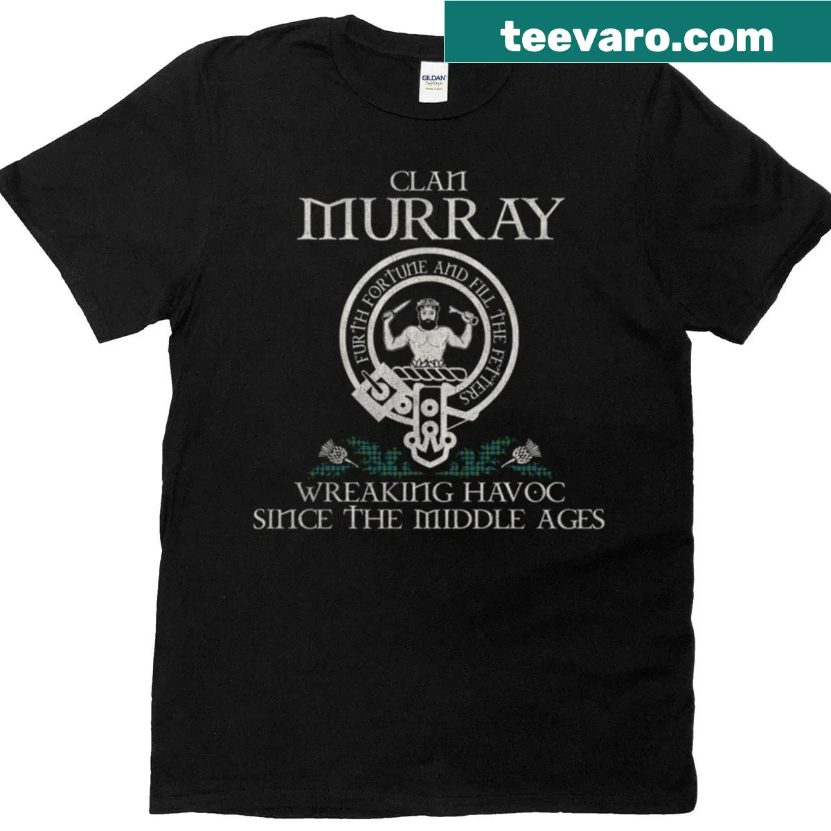 Vintage T-shirt featuring Clan Murray crest and thistle design — on a men's t-shirt
