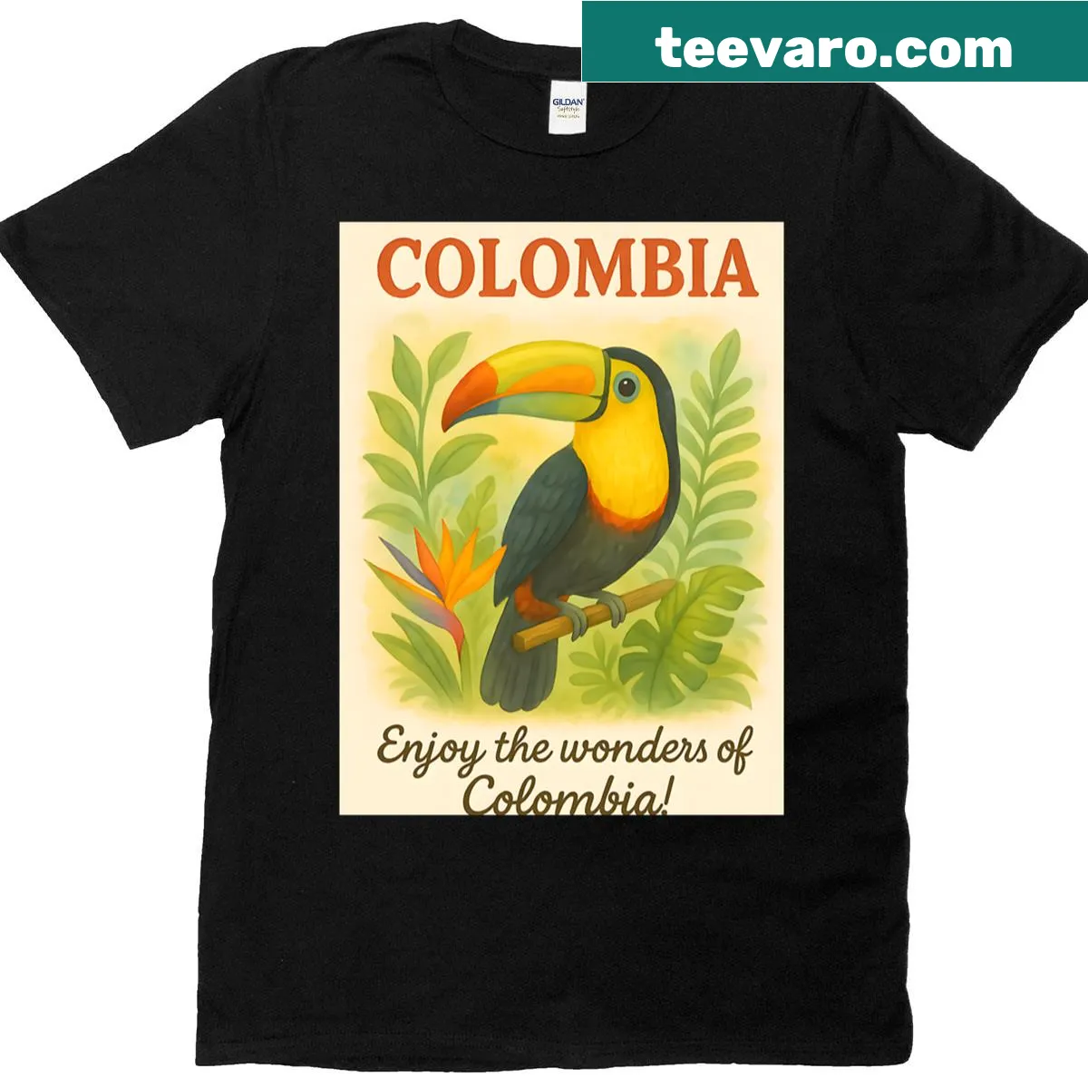 T-shirt featuring a colorful toucan illustration with tropical leaves — on a men's t-shirt