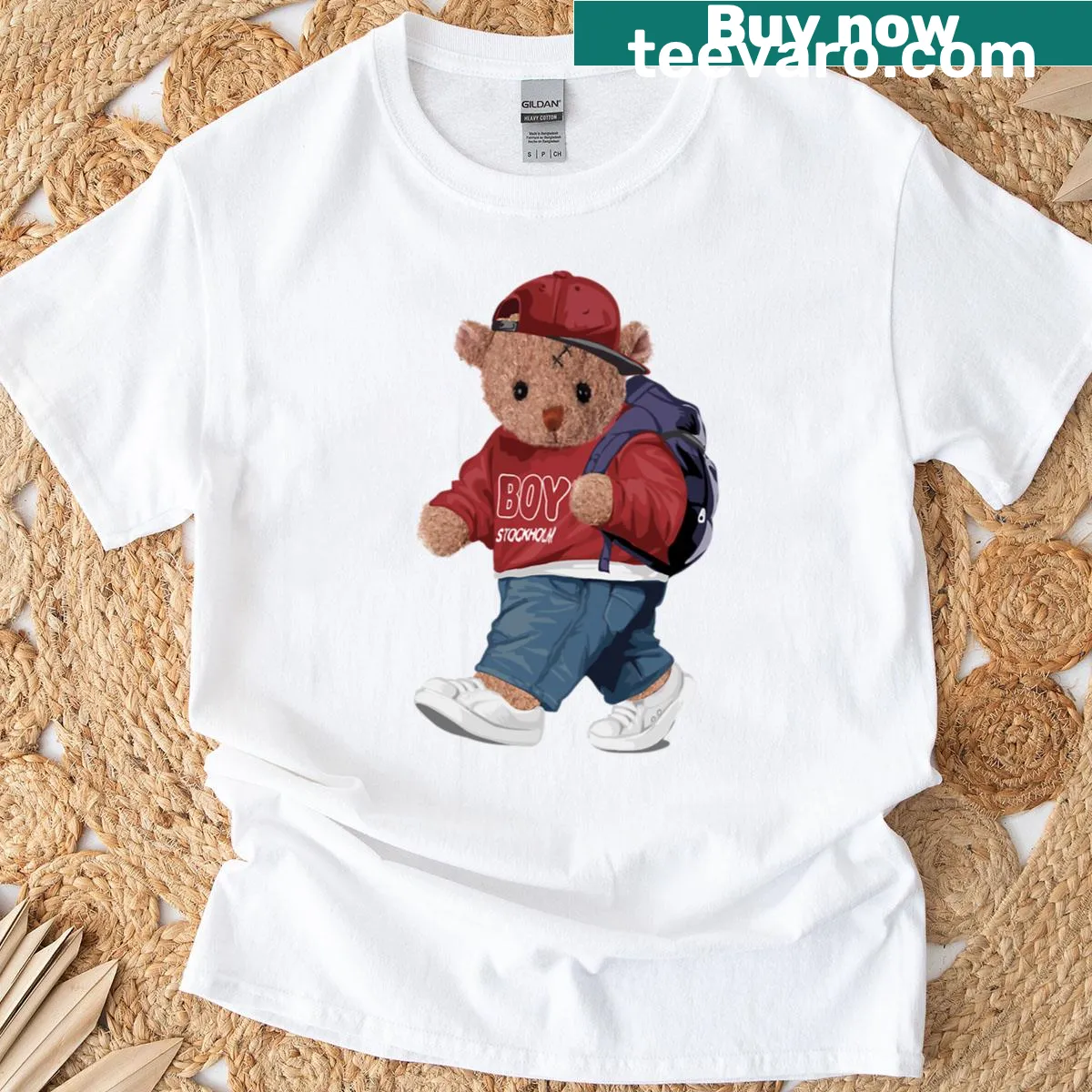 T-shirt featuring a cartoon teddy bear in hip hop urban fashion — on a men's t-shirt
