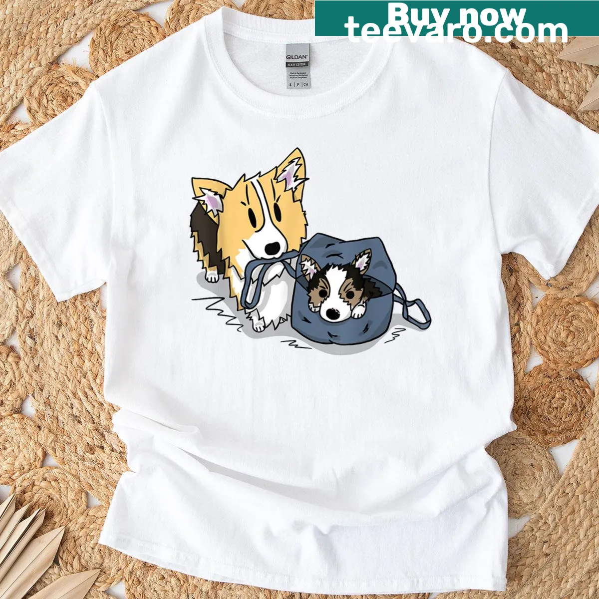 Corgi delivering a baby puppy t-shirt design — on a men's t-shirt