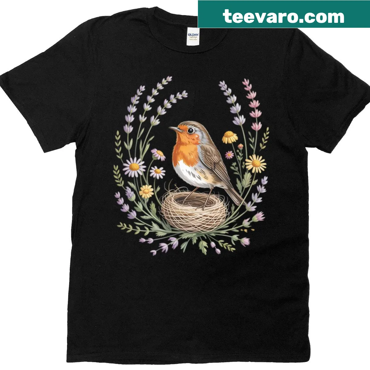 Illustrated T-shirt featuring a robin among lavender and wildflowers — on a men's t-shirt