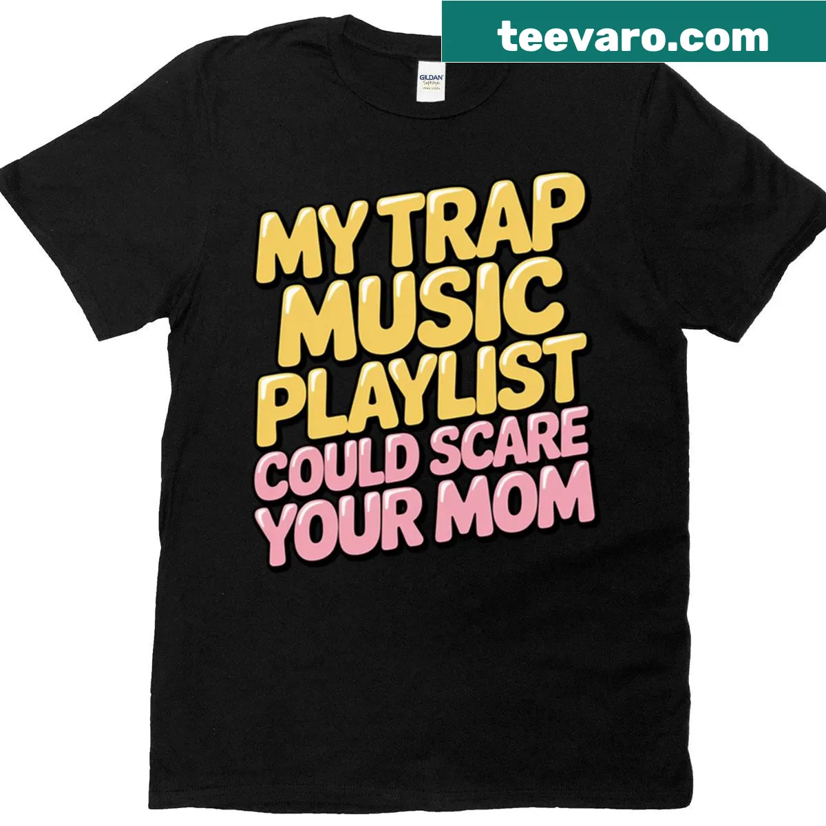 A humorous T-shirt featuring a bold phrase about techno and trap music — on a men's t-shirt