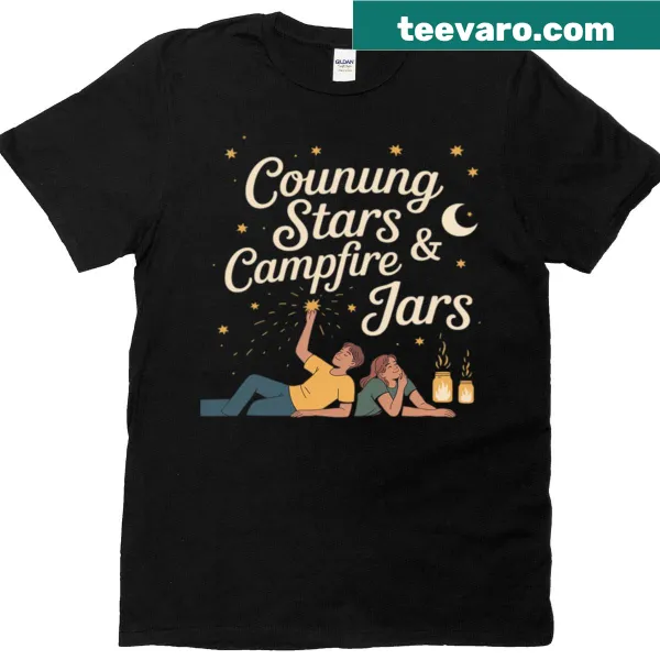 Whimsical T-shirt featuring campfire jars and stargazing