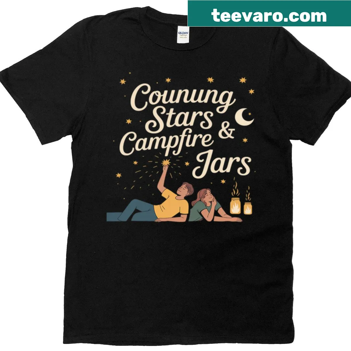 Whimsical T-shirt featuring campfire jars and stargazing — on a men's t-shirt