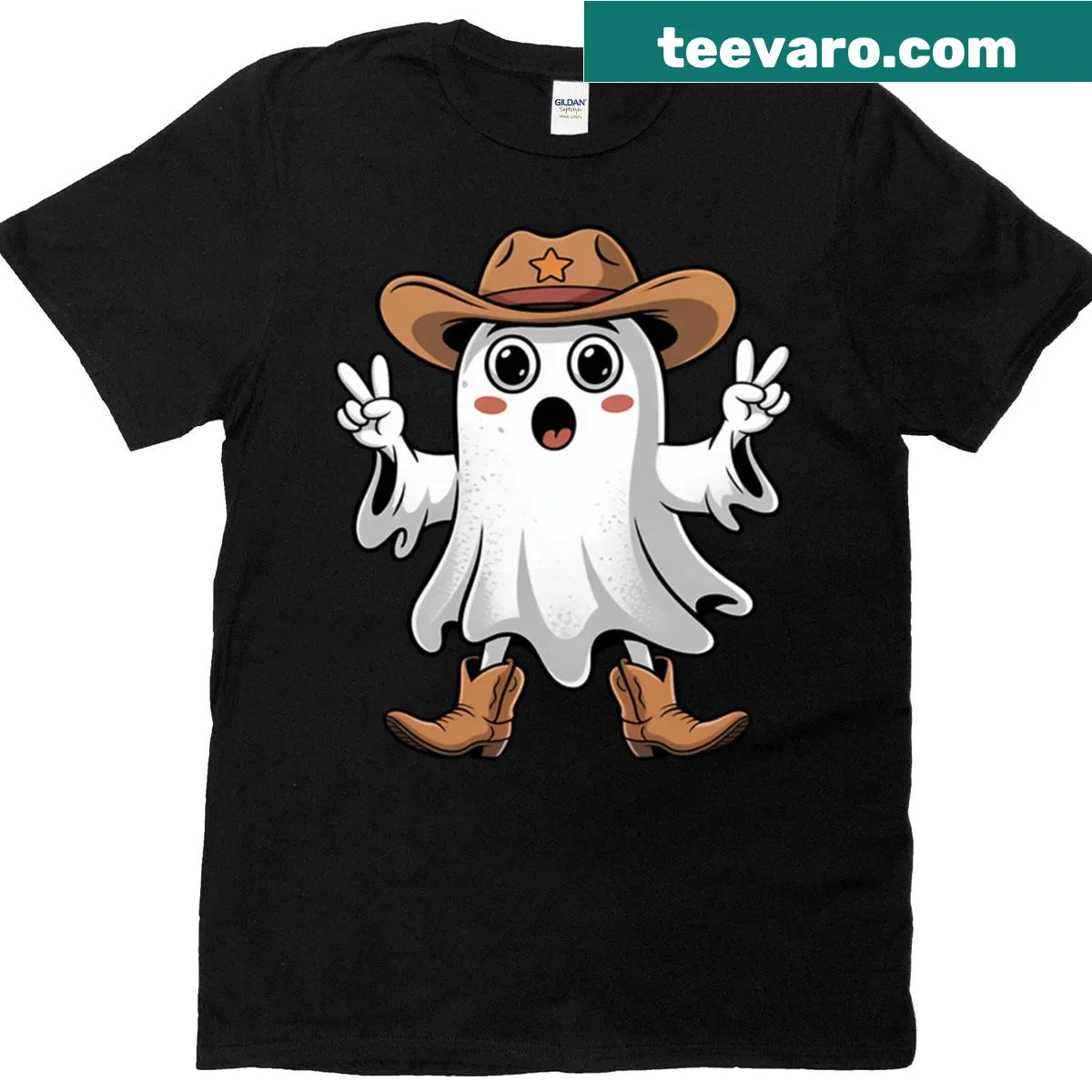 Halloween t-shirt featuring a cowboy ghost and 'Boo Haw' text — on a men's t-shirt