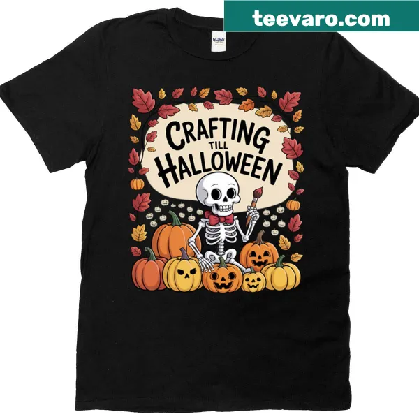 Cute Halloween T-shirt featuring a playful skeleton design