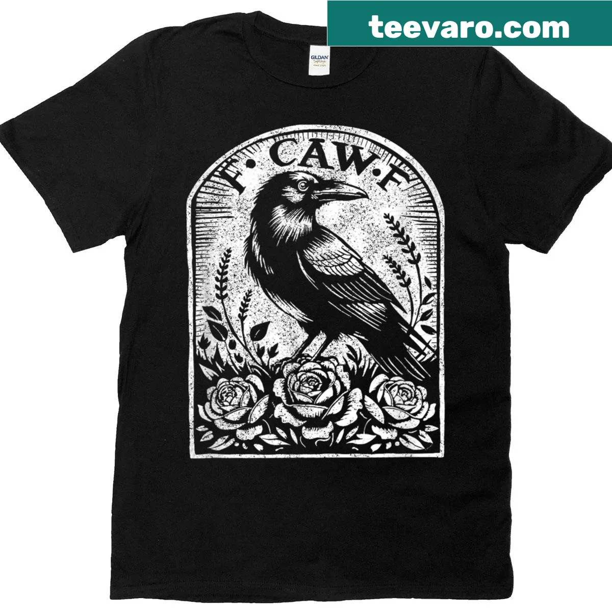 Playful t-shirt with crow graphic and 'Caw' text — on a men's t-shirt
