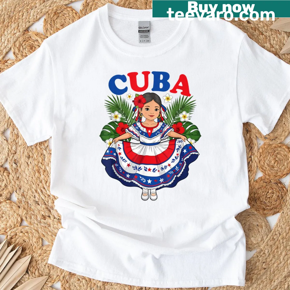 Illustration of a Cuban girl in traditional dress on a T-shirt. — on a men's t-shirt