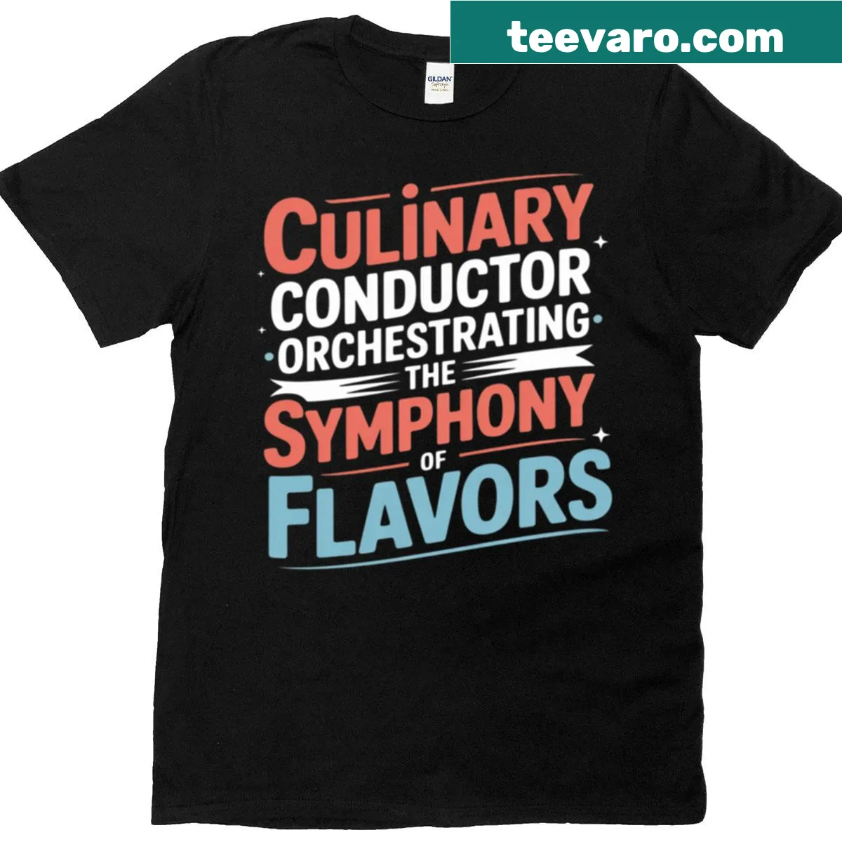 Chef t-shirt with whimsical illustration of a culinary symphony — on a men's t-shirt