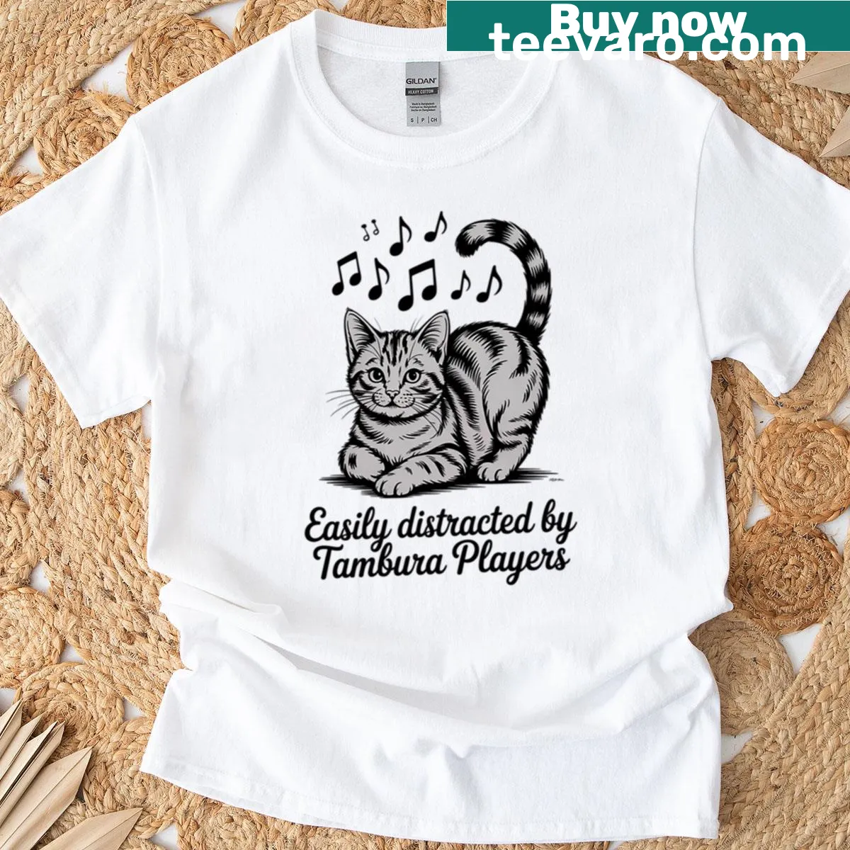 Whimsical cat illustration distracted by tambura players on a T-shirt — on a men's t-shirt