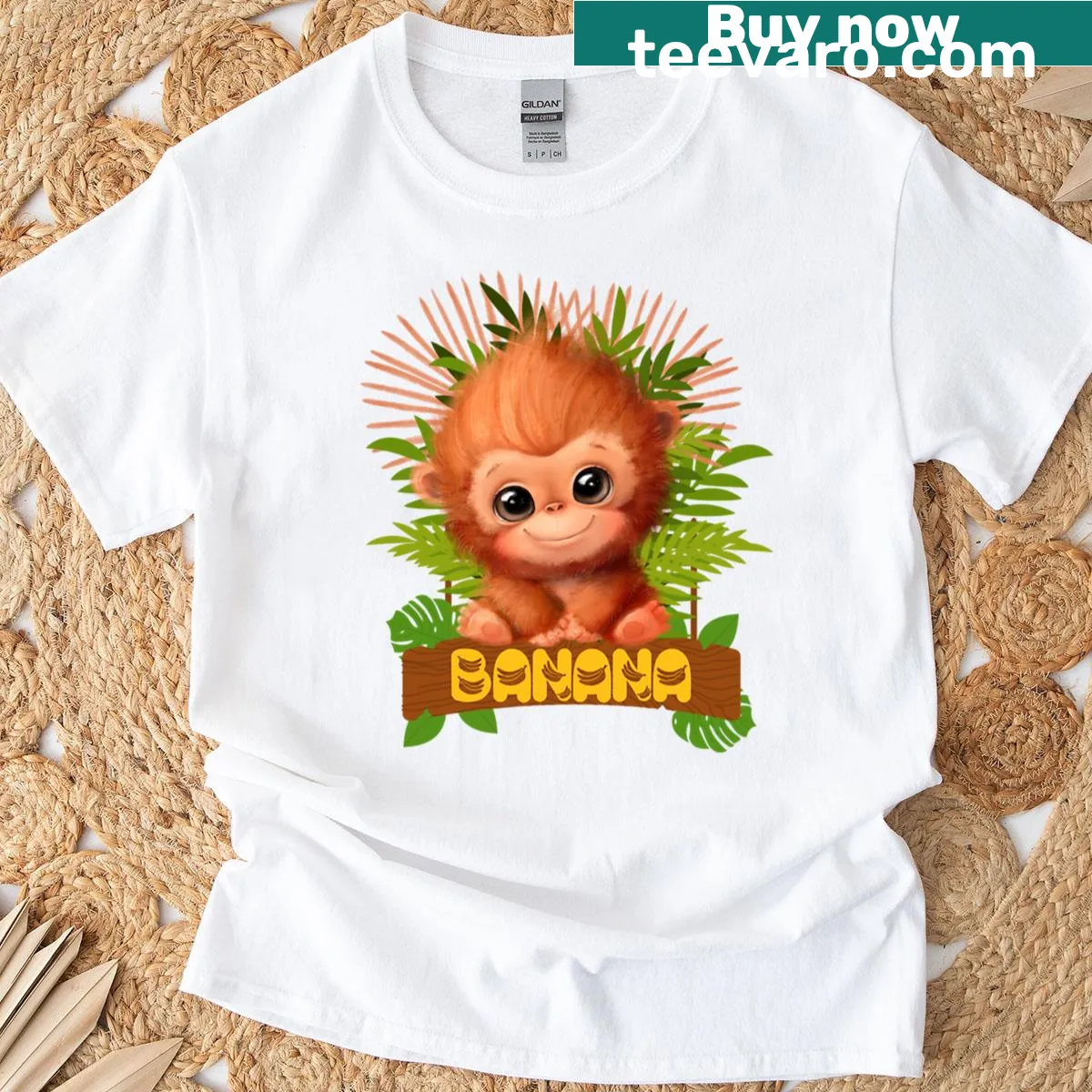 Cute baby monkey with banana in a jungle design on a T-shirt — on a men's t-shirt