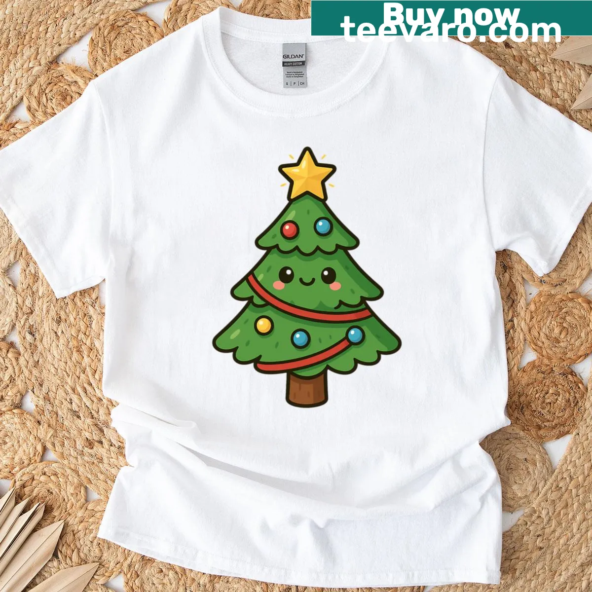 Kawaii Christmas tree T-shirt with ornaments in a cute style — on a men's t-shirt