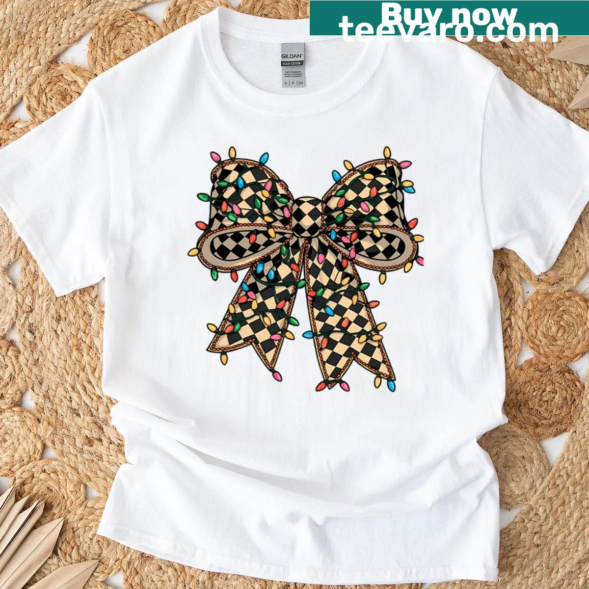 Illustrated T-shirt with cute bow and Christmas lights design. — on a men's t-shirt