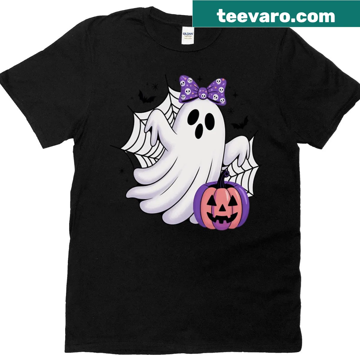 Whimsical ghost in bow and lace graphic for Halloween — on a men's t-shirt