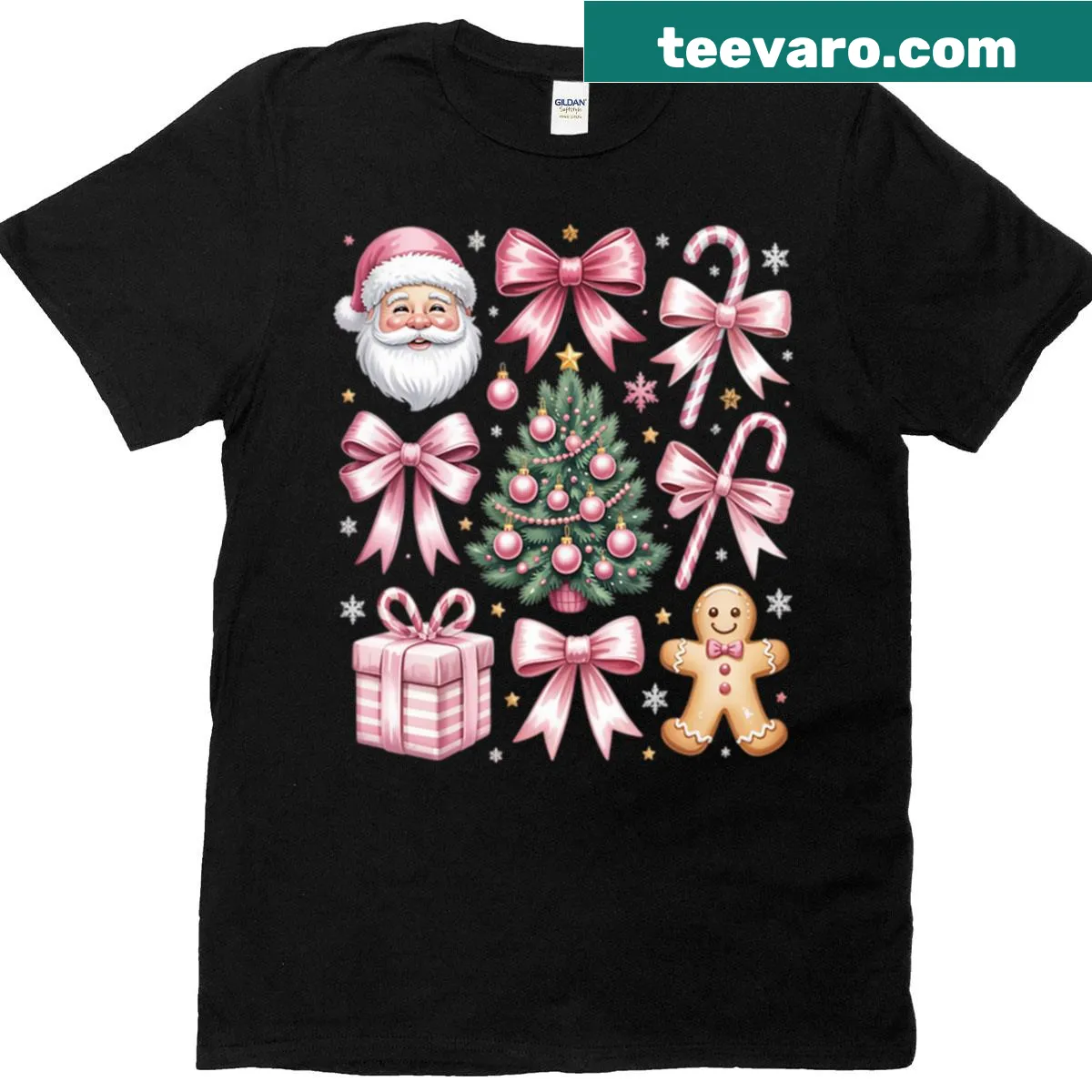Christmas T-shirt with a pink tree, Santa, and gingerbread — on a men's t-shirt