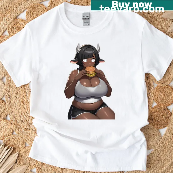 Cartoon cowgirl waifu eating burger graphic on T-shirt