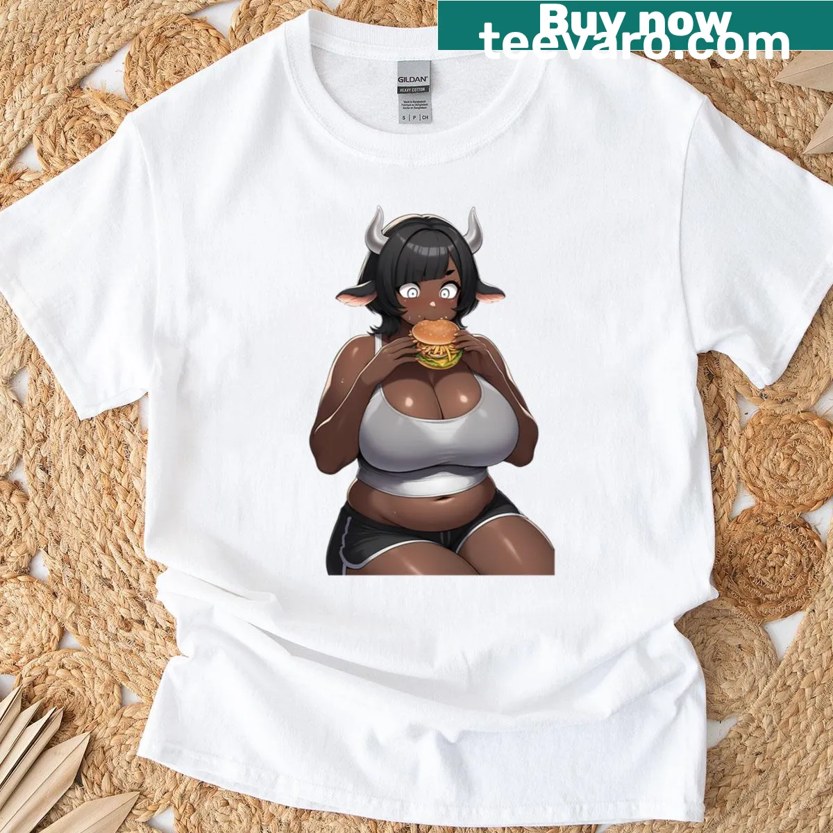 Cartoon cowgirl waifu eating burger graphic on T-shirt — on a men's t-shirt