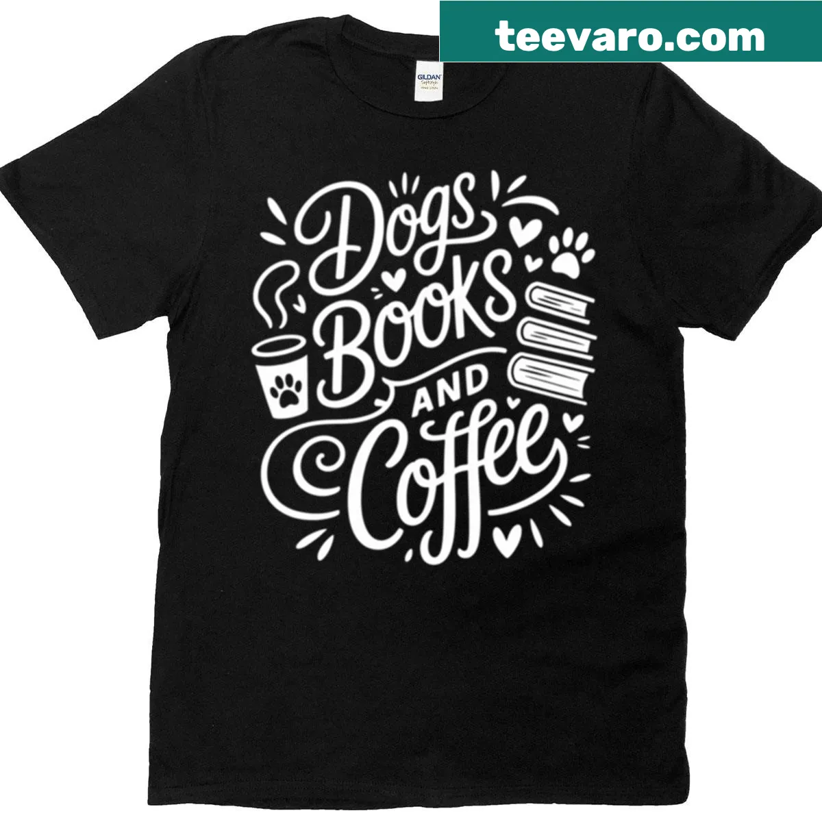 T-shirt celebrating dogs, books, and coffee with playful typography — on a men's t-shirt