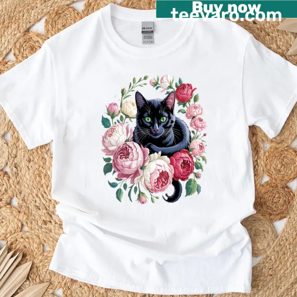 Illustration of a black cat with flowers and roses on a t-shirt