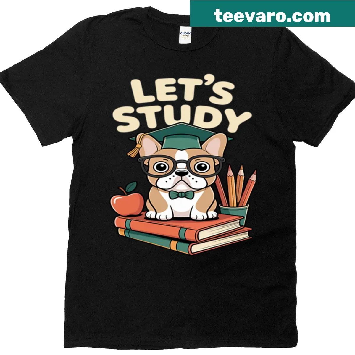Cute French Bulldog study theme T-shirt designed for dog lovers — on a men's t-shirt