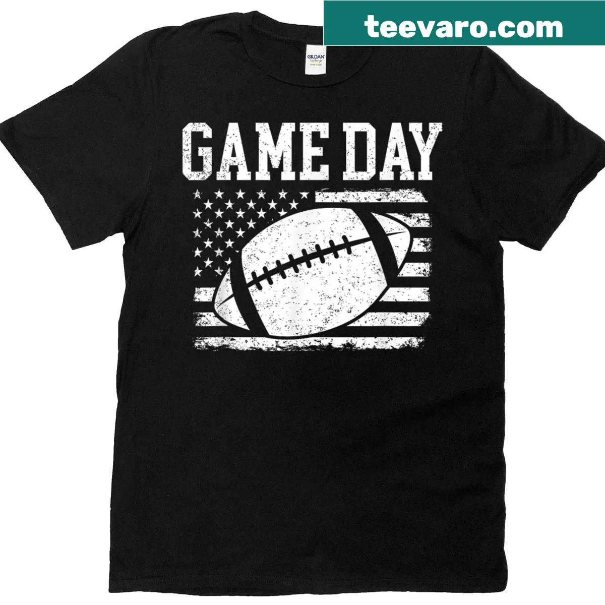 Vintage-style Game Day t-shirt featuring USA flag and football graphics — on a men's t-shirt