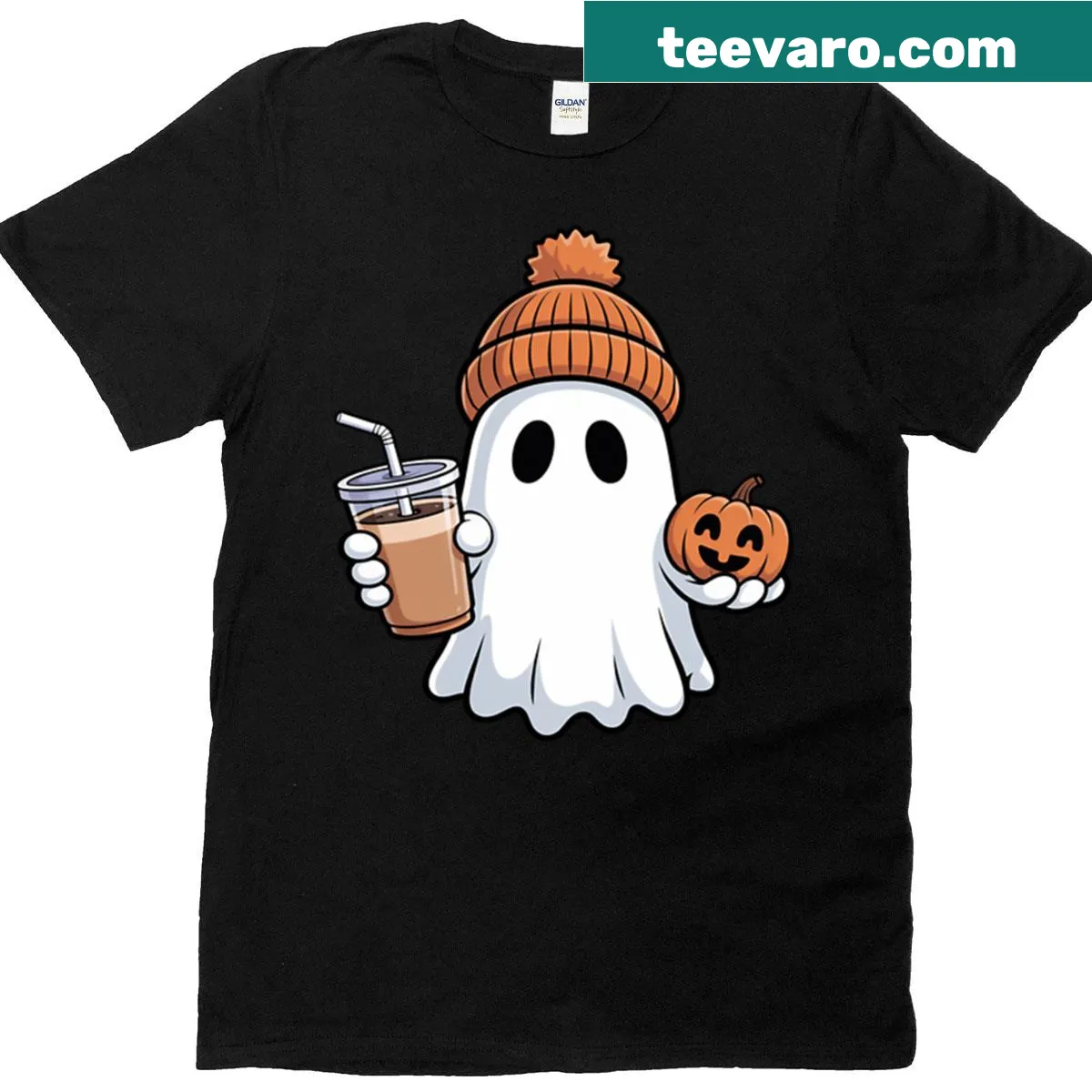 Cute Halloween t-shirt with ghost, beanie, and iced coffee — on a men's t-shirt