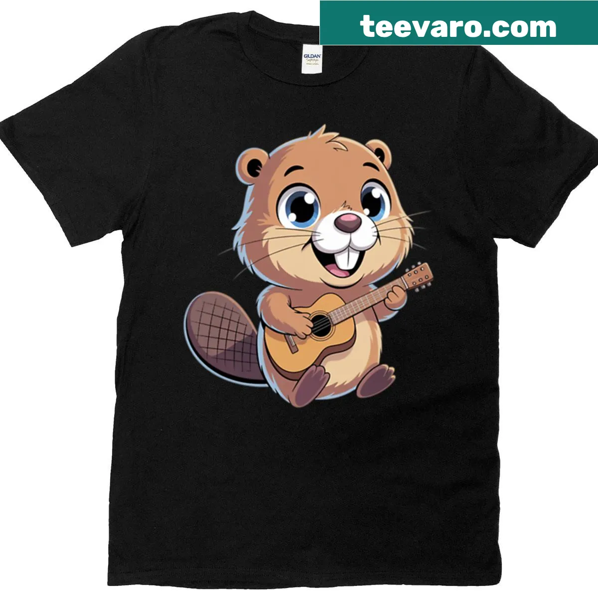 Cute kawaii beaver playing acoustic guitar on a t-shirt — on a men's t-shirt