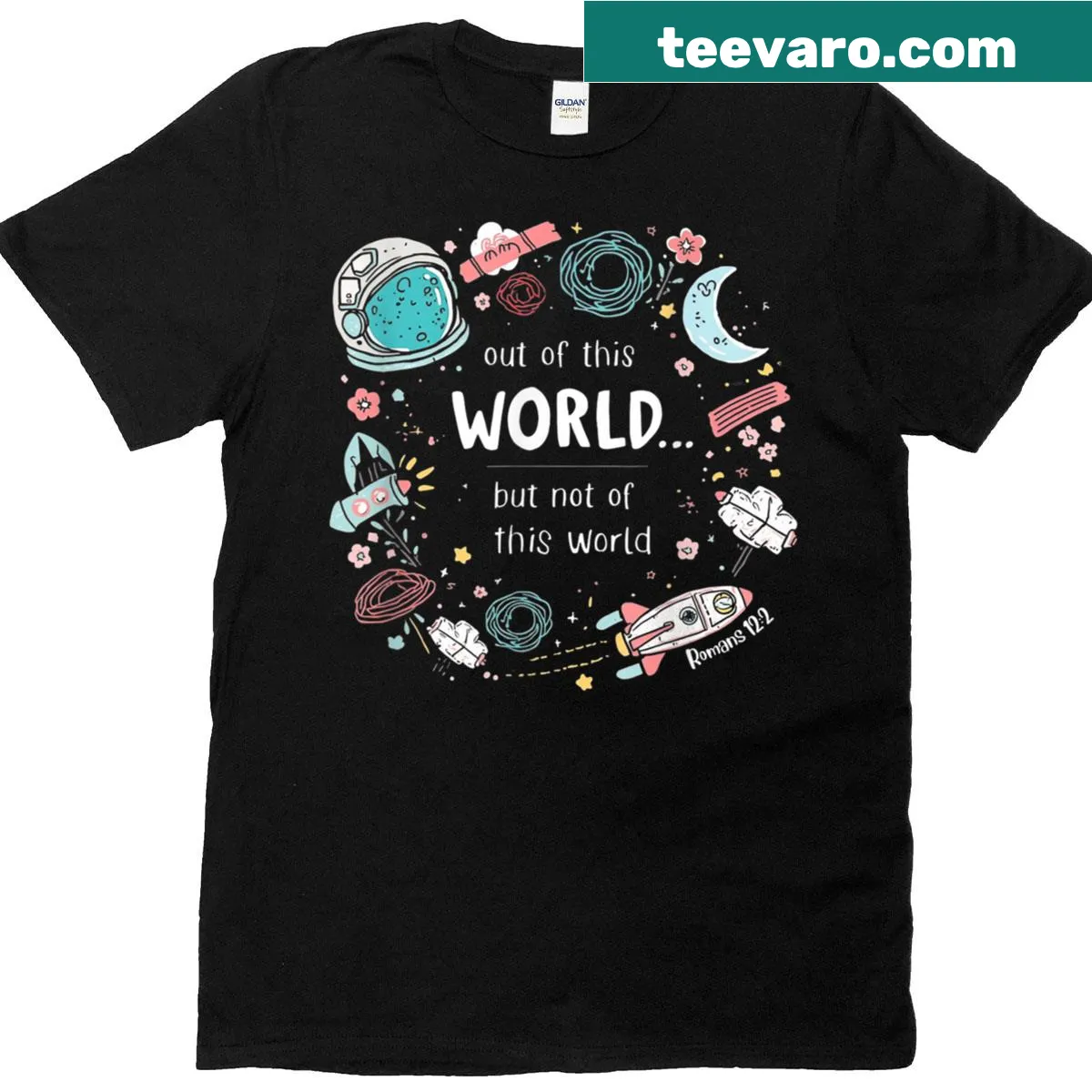 Space-themed tee with whimsical design featuring playful cosmic elements — on a men's t-shirt