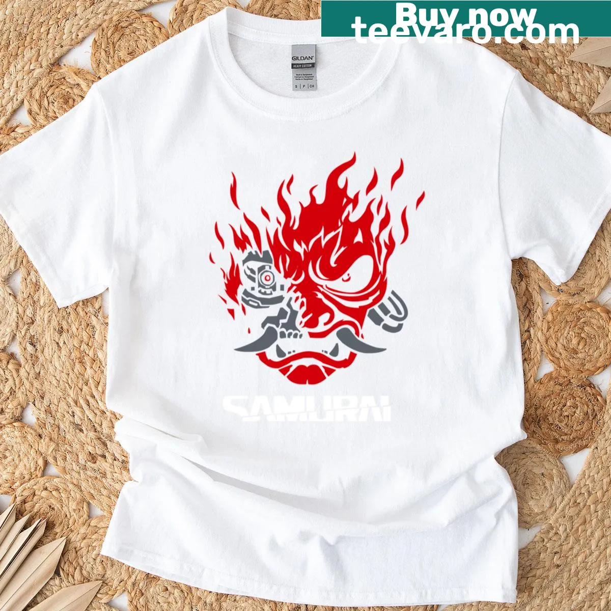 T-shirt featuring a samurai design inspired by Cyberpunk 2077 — on a men's t-shirt