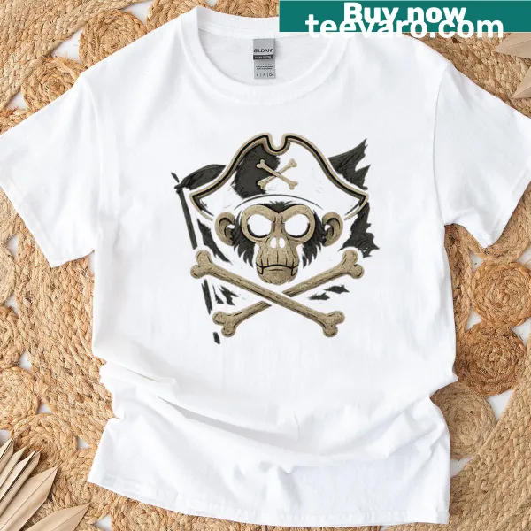 Illustration of a monkey skull with a pirate flag on a t-shirt.